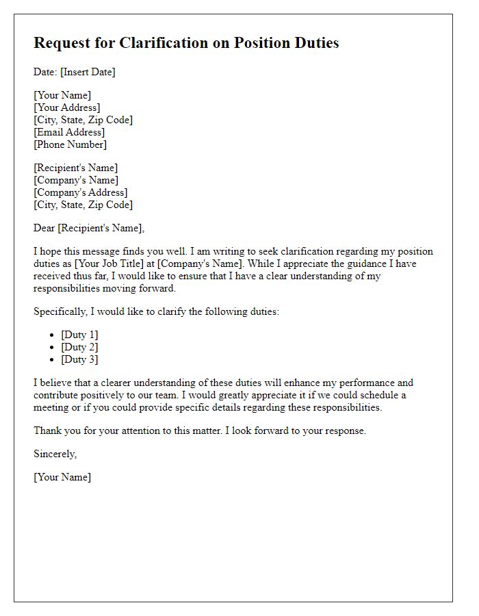 Letter template of request for clarification on position duties