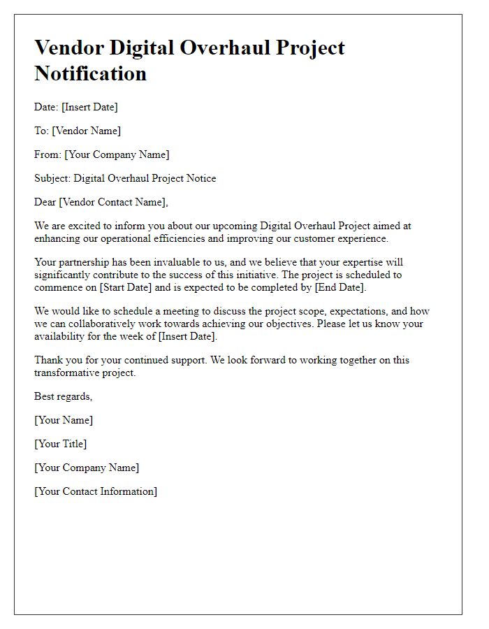 Letter template of vendor digital overhaul project