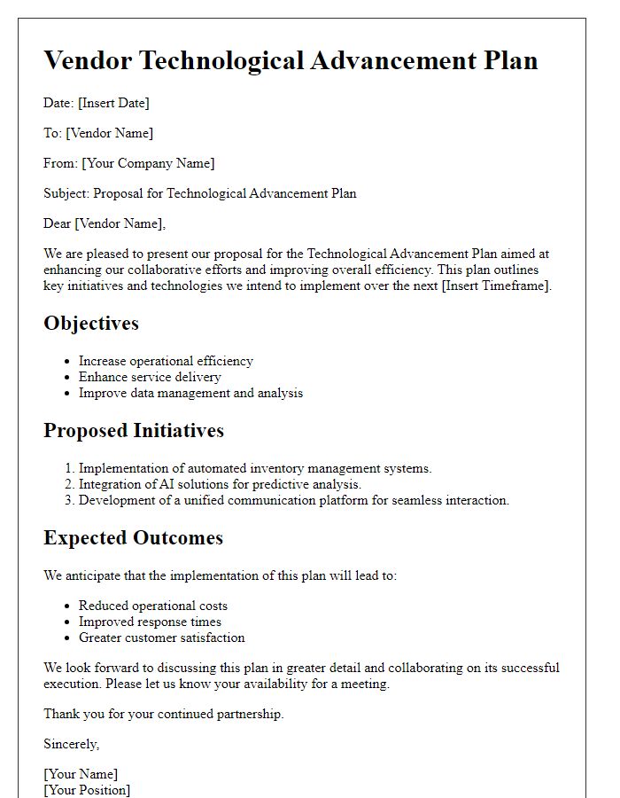 Letter template of vendor technological advancement plan