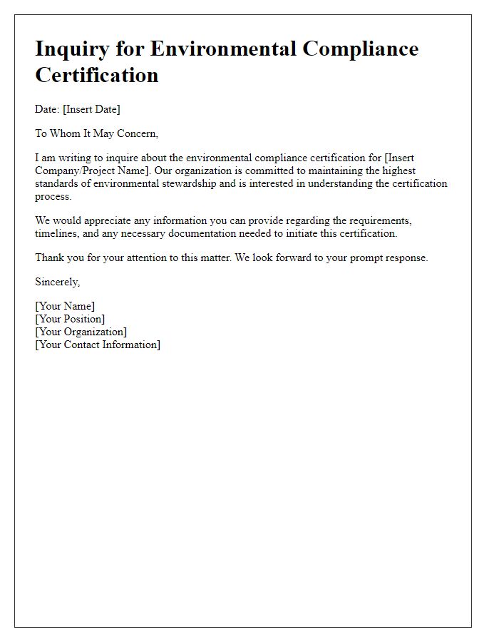 Letter template of inquiry for environmental compliance certification.