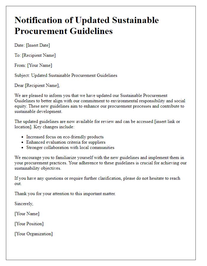 Letter template of notification for updated sustainable procurement guidelines.