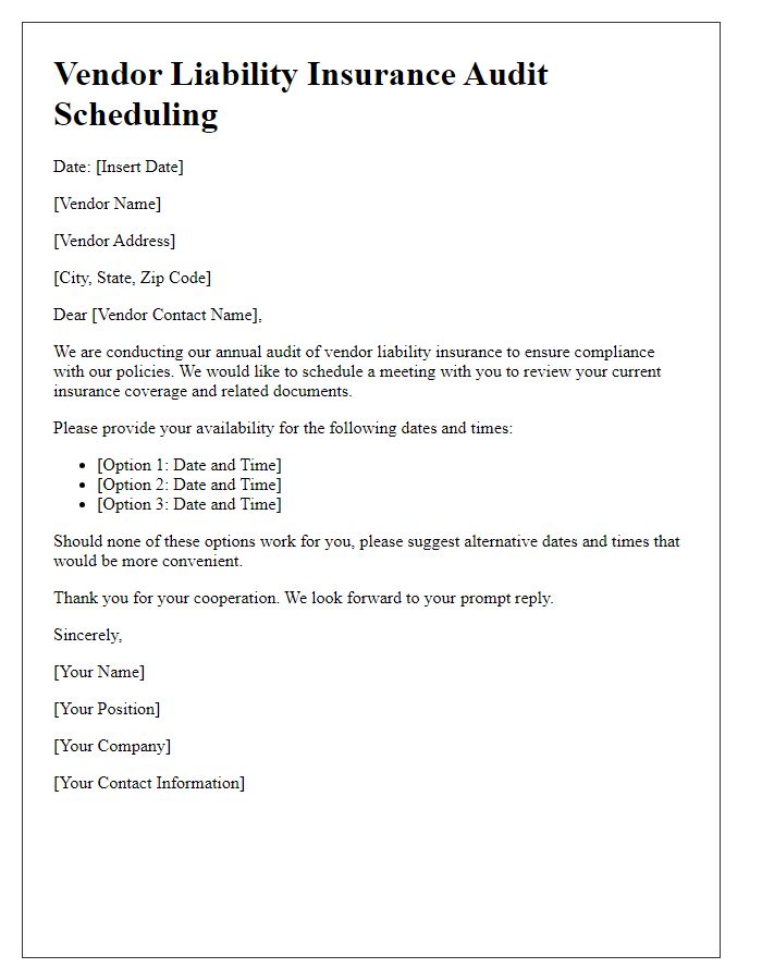 Letter template of vendor liability insurance audit scheduling