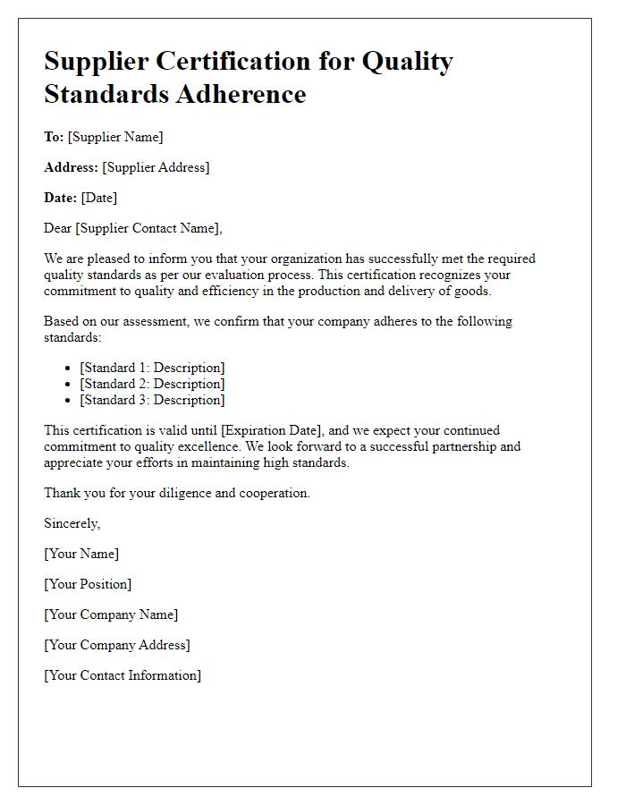 Letter template of supplier certification for quality standards adherence