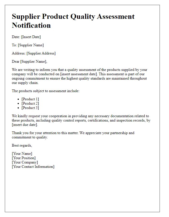 Letter template of supplier product quality assessment notification