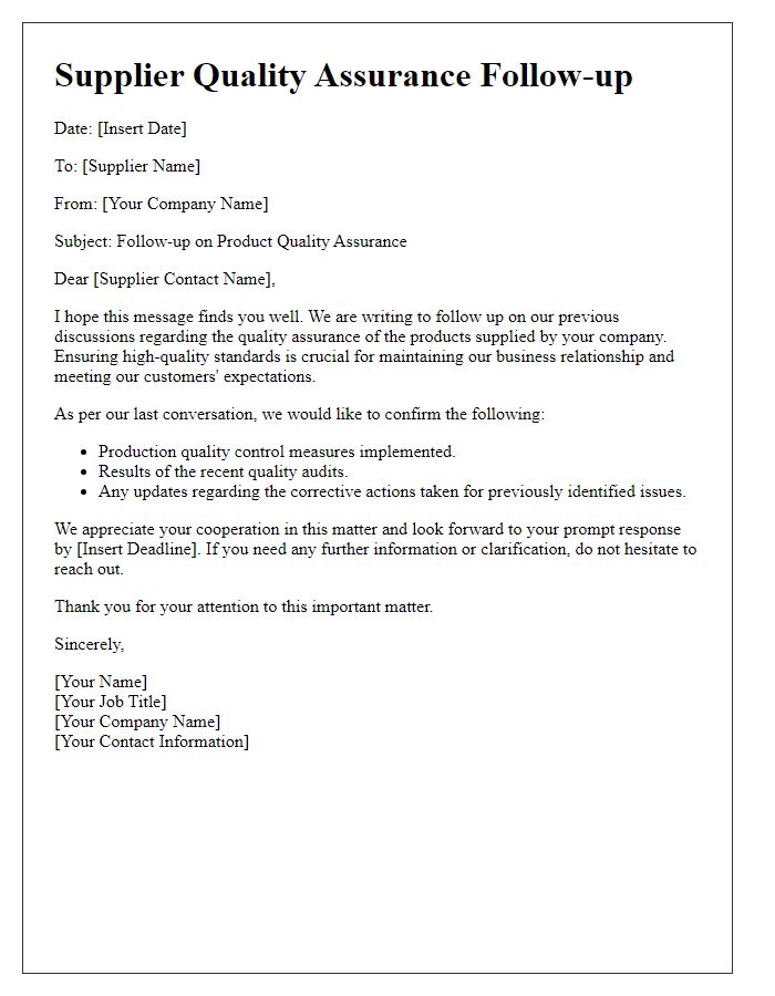 Letter template of supplier product quality assurance follow-up