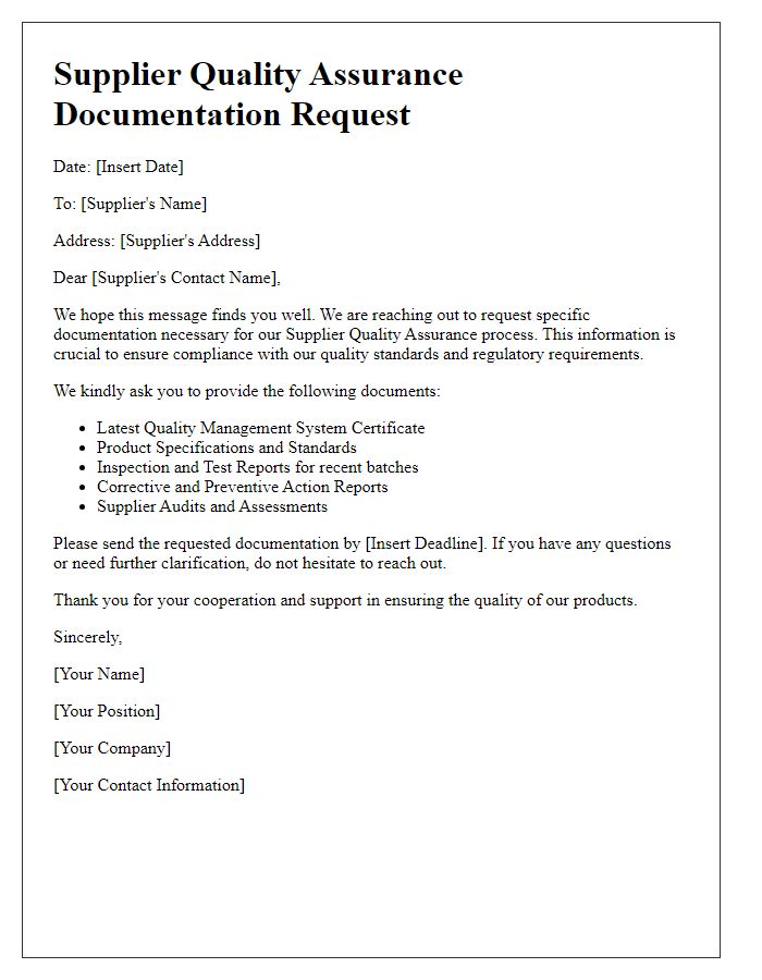 Letter template of supplier quality assurance documentation request