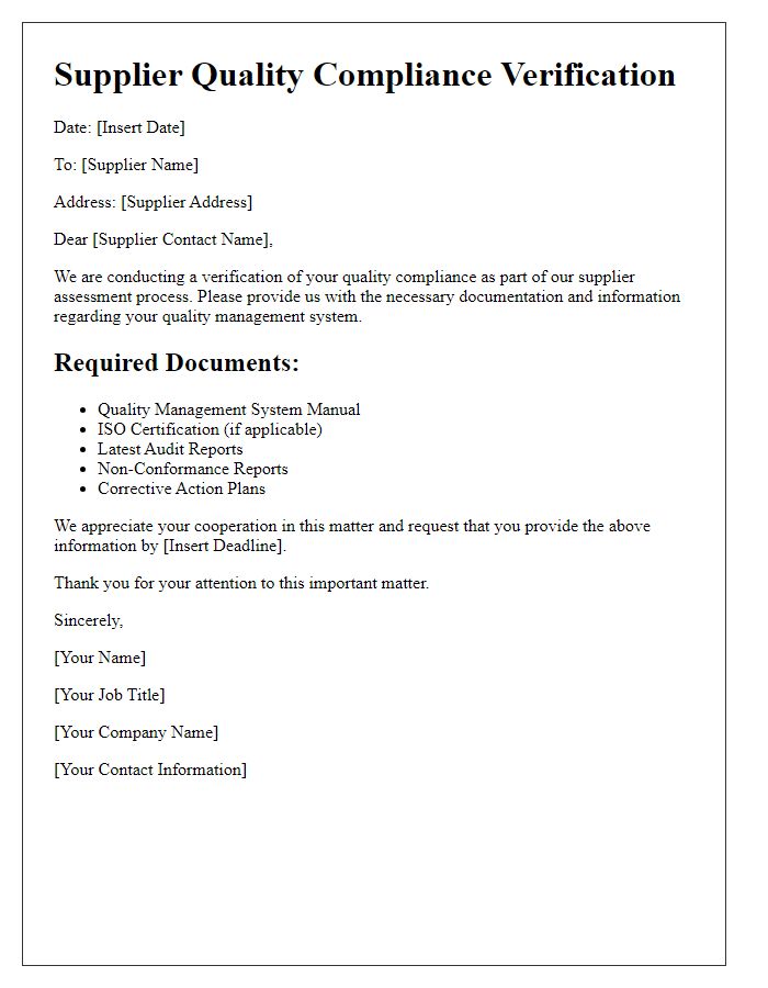 Letter template of supplier quality compliance verification