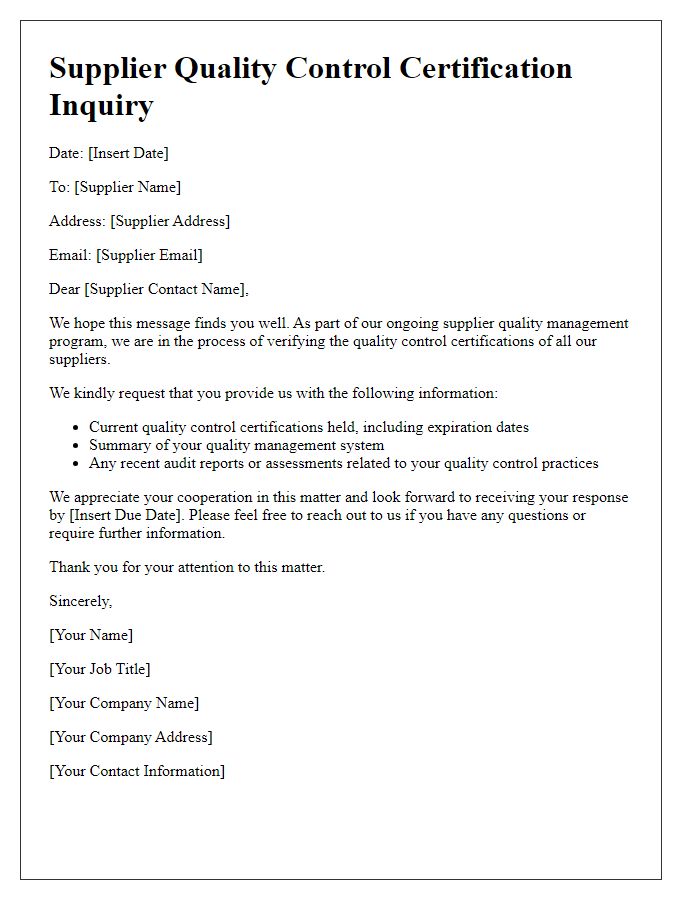 Letter template of supplier quality control certification inquiry