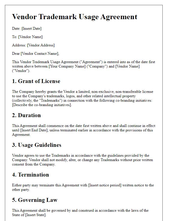 Letter template of Vendor Trademark Usage Agreement for Co-Branding Initiatives