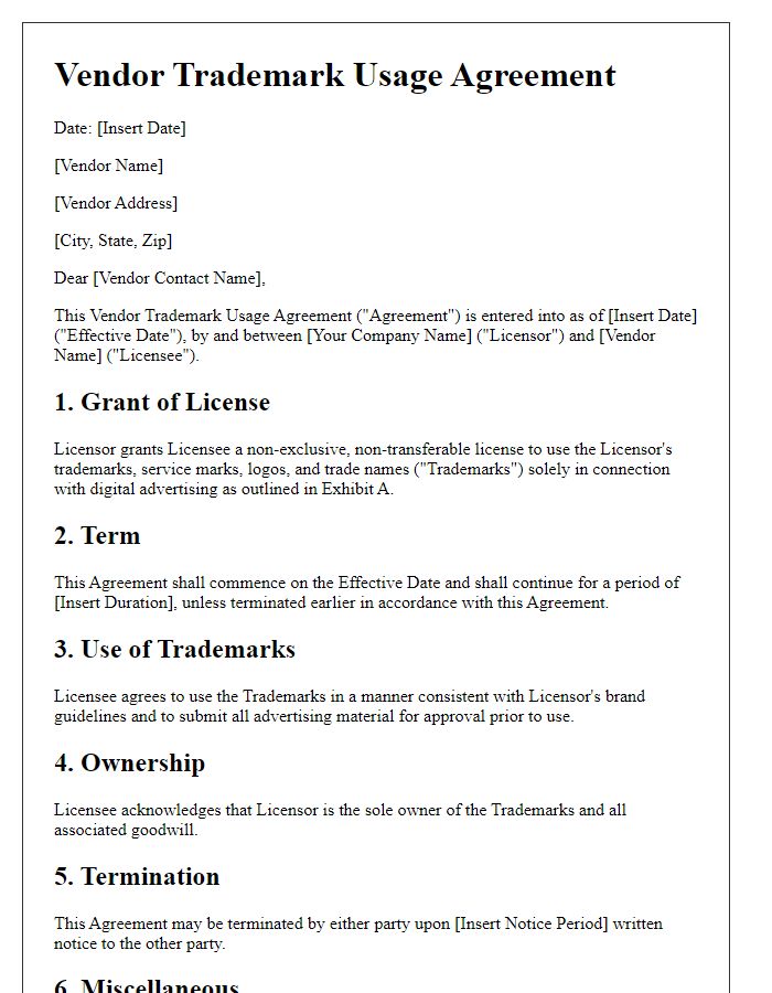 Letter template of Vendor Trademark Usage Agreement for Digital Advertising