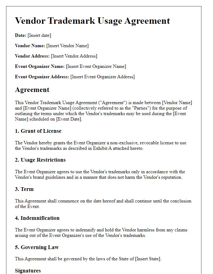 Letter template of Vendor Trademark Usage Agreement for Event Partnerships