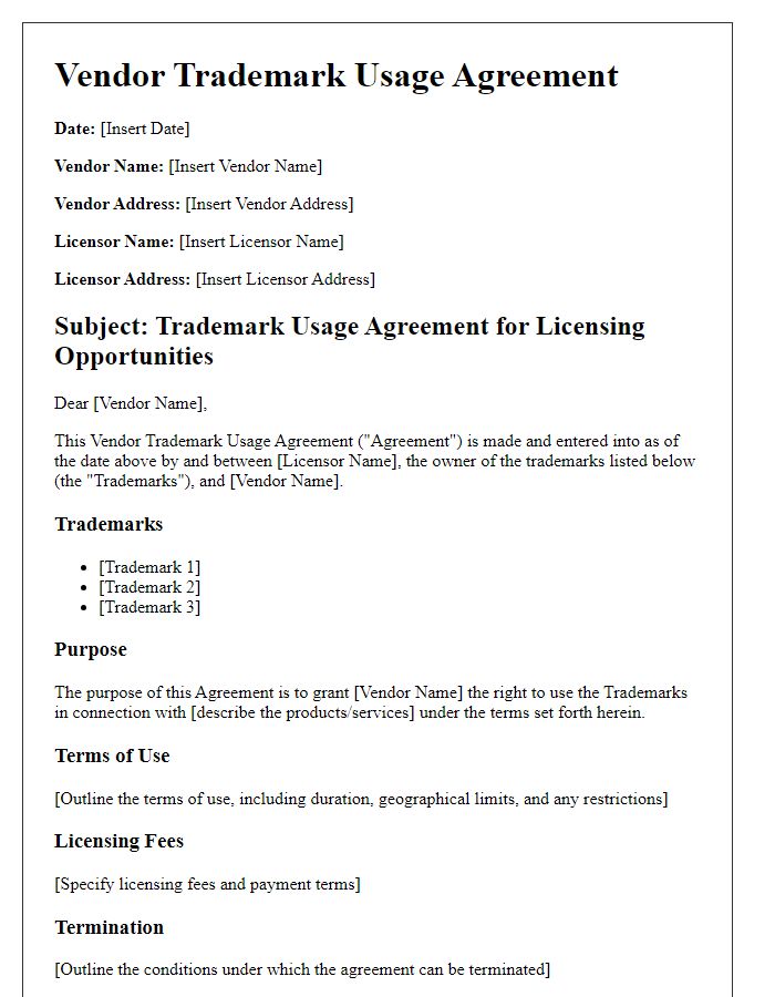 Letter template of Vendor Trademark Usage Agreement for Licensing Opportunities