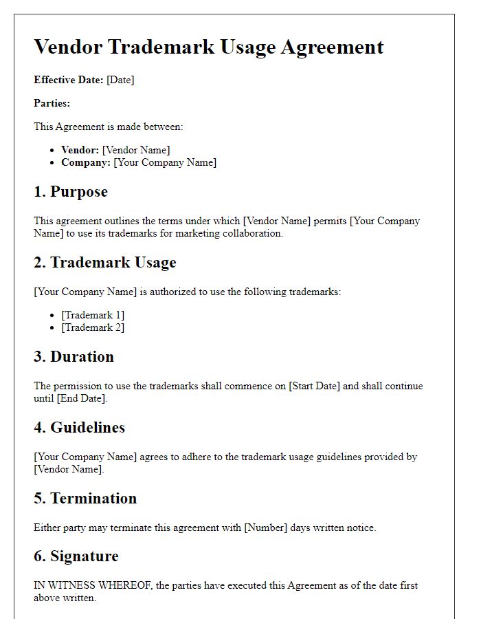 Letter template of Vendor Trademark Usage Agreement for Marketing Collaboration