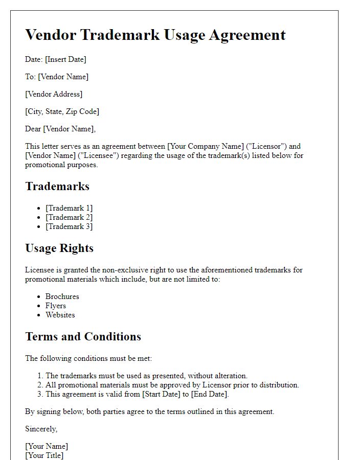 Letter template of Vendor Trademark Usage Agreement for Promotional Purposes