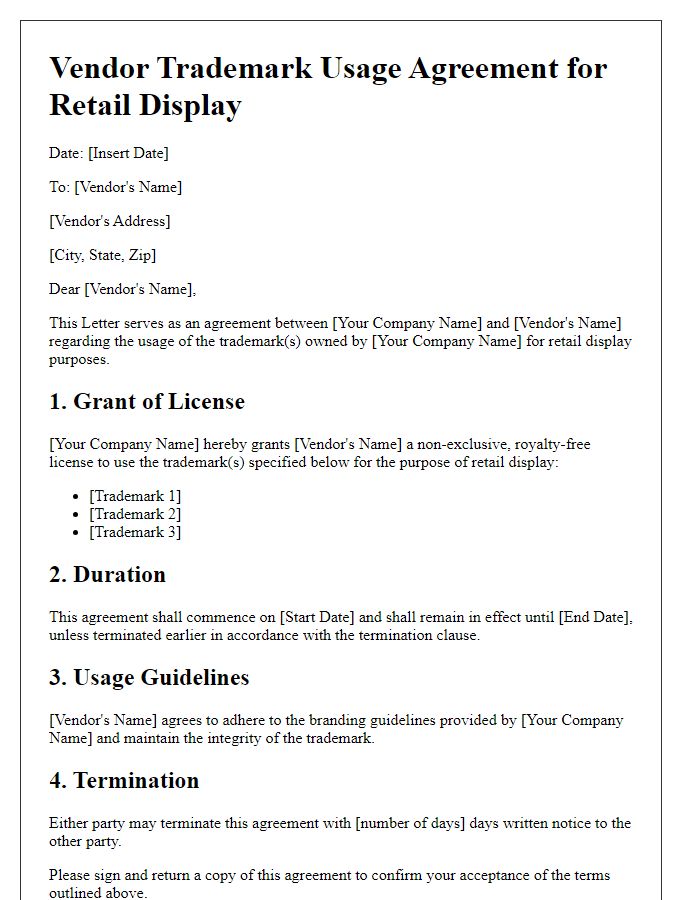 Letter template of Vendor Trademark Usage Agreement for Retail Display