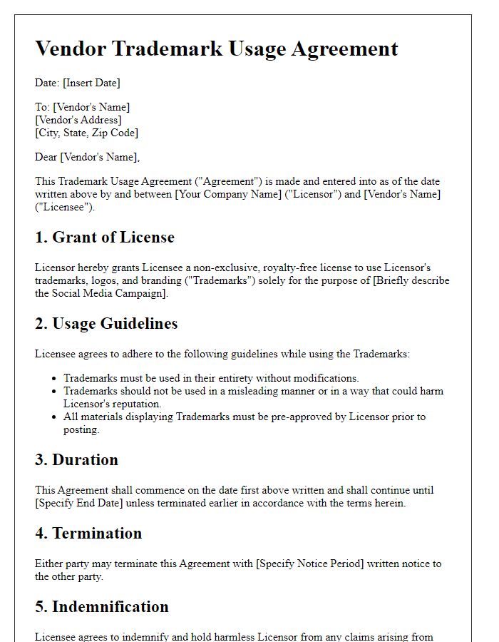 Letter template of Vendor Trademark Usage Agreement for Social Media Campaigns