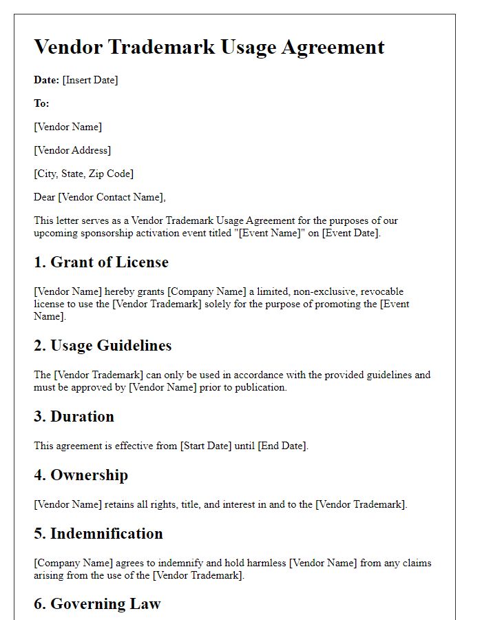 Letter template of Vendor Trademark Usage Agreement for Sponsorship Activation