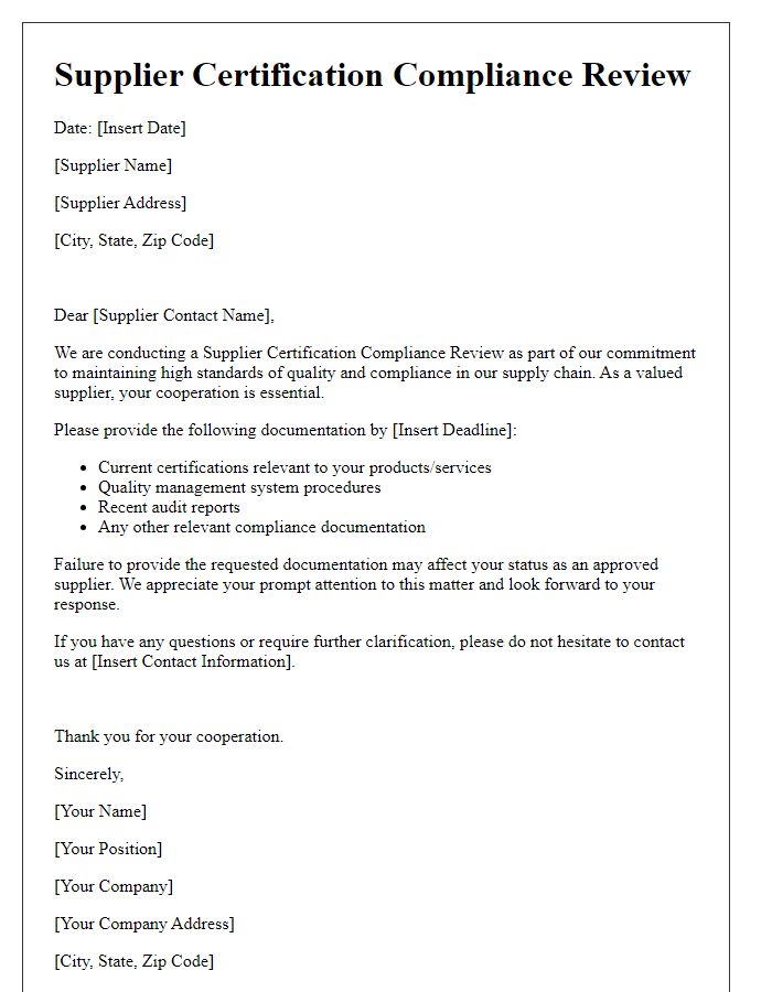 Letter template of Supplier Certification Compliance Review