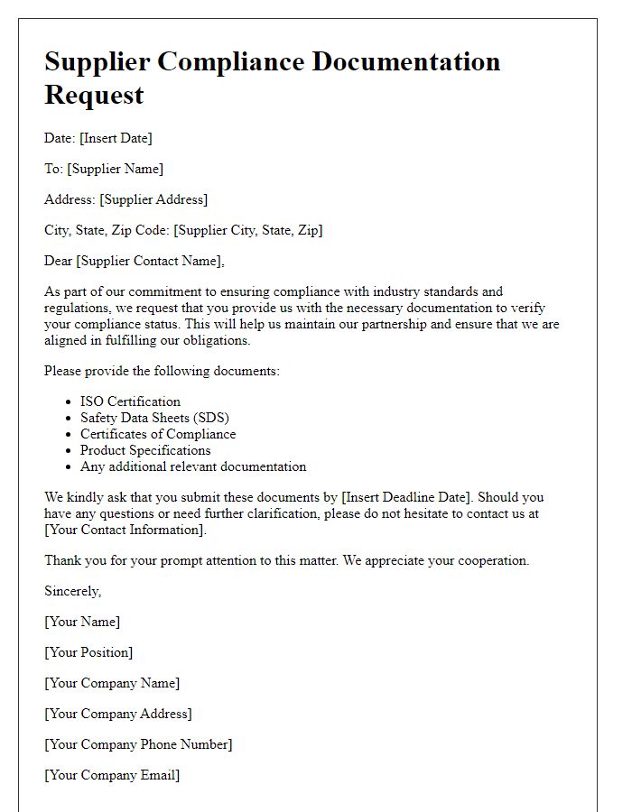 Letter template of Supplier Compliance Documentation Request