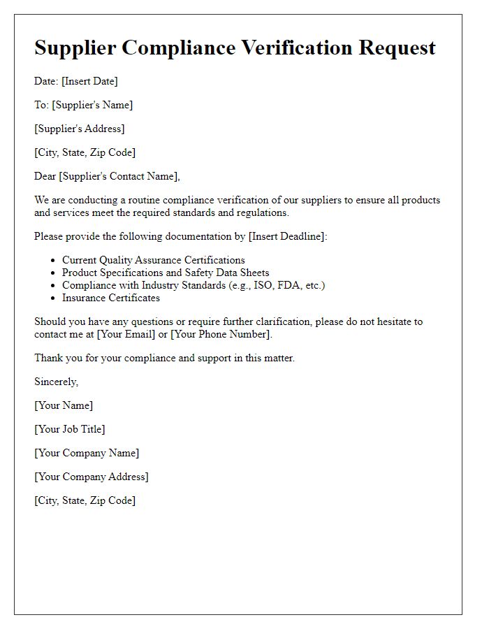 Letter template of Supplier Compliance Verification Request