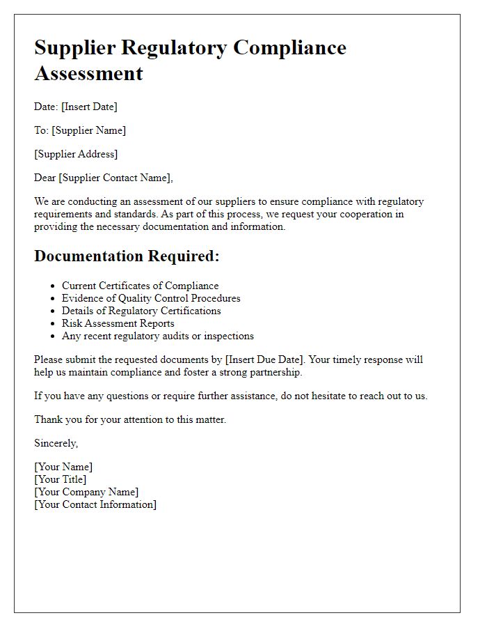 Letter template of Supplier Regulatory Compliance Assessment