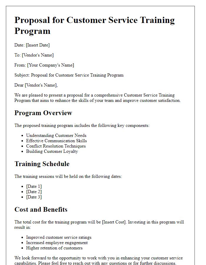 Letter template of customer service training program proposal for vendors.