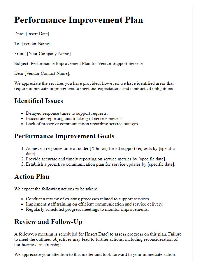 Letter template of performance improvement plan for vendor support services.