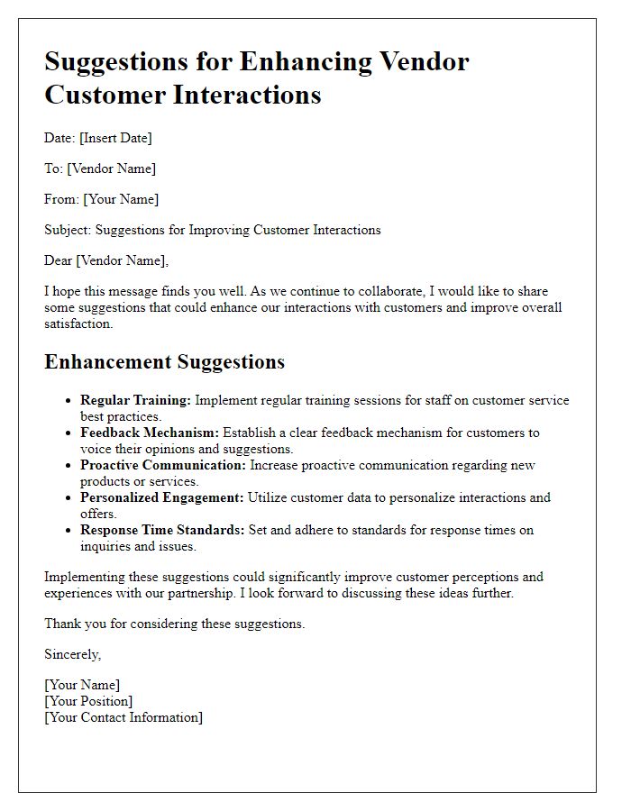 Letter template of suggestions for enhancing vendor customer interactions.