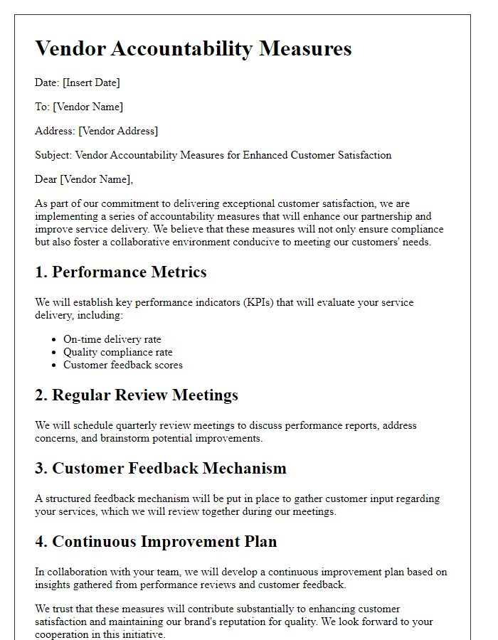 Letter template of vendor accountability measures for enhanced customer satisfaction.