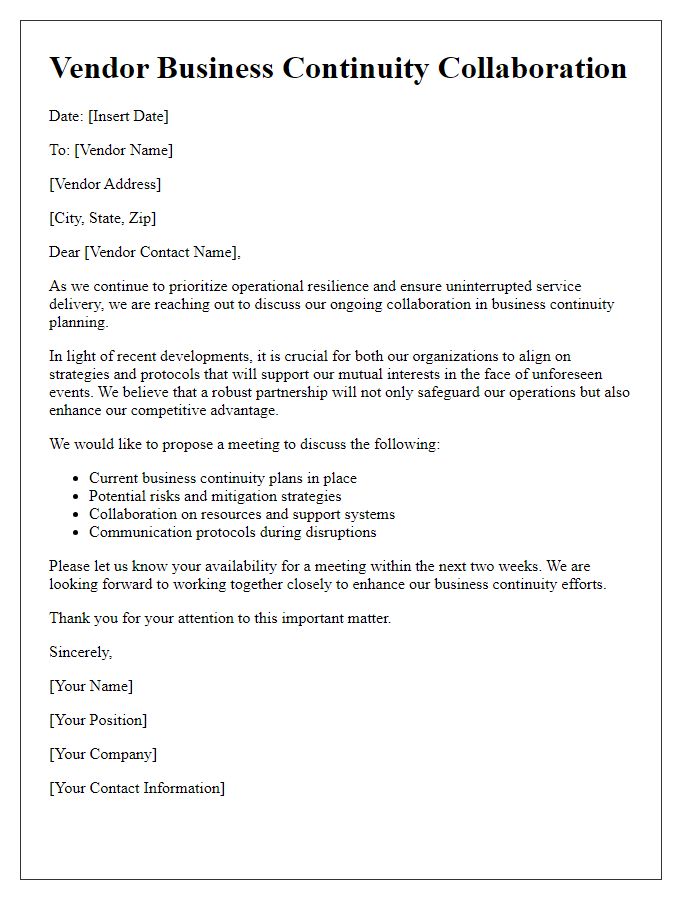 Letter template of vendor business continuity collaboration