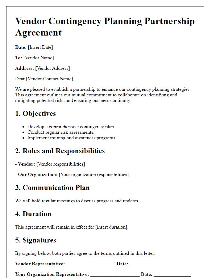 Letter template of vendor contingency planning partnership agreement