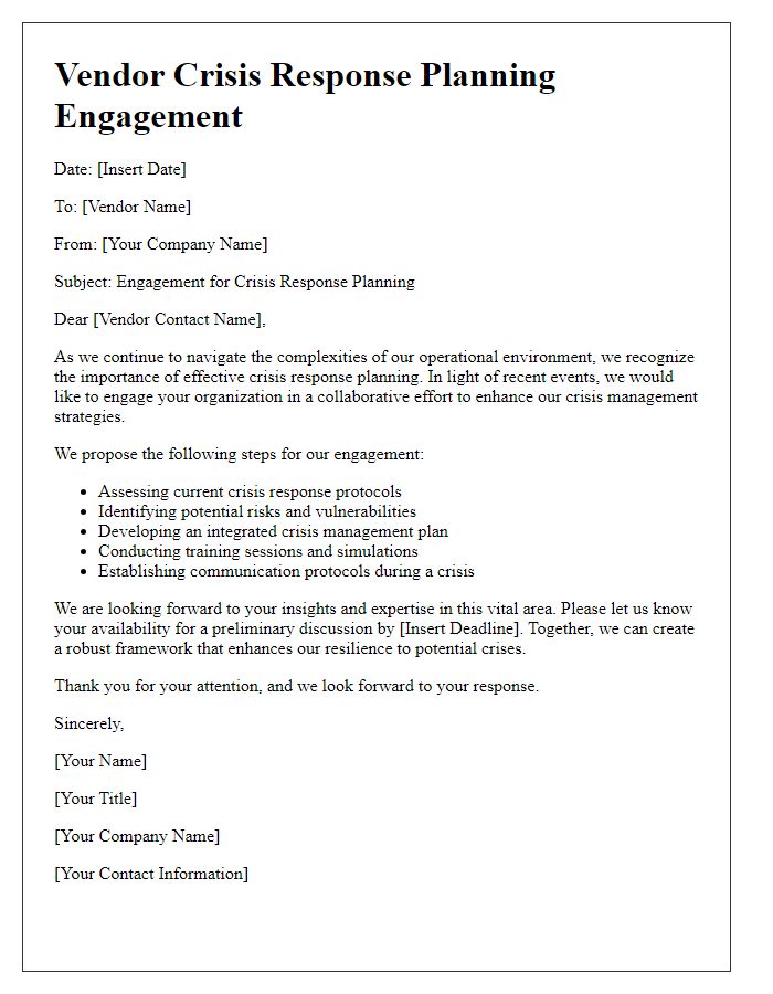 Letter template of vendor crisis response planning engagement