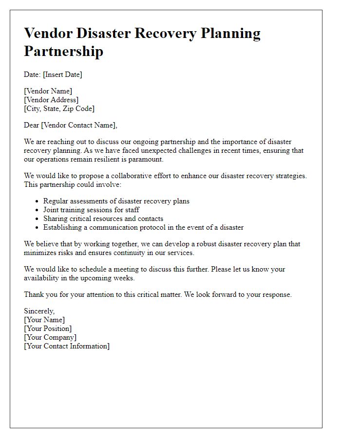 Letter template of vendor disaster recovery planning partnership