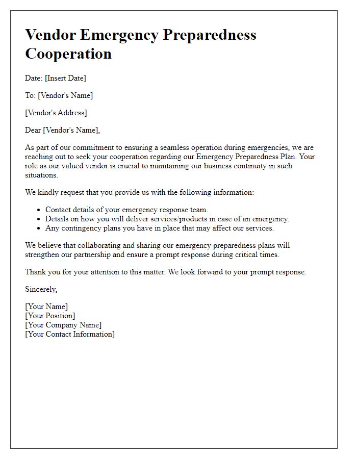 Letter template of vendor emergency preparedness cooperation