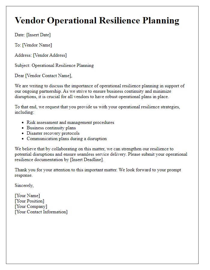 Letter template of vendor operational resilience planning