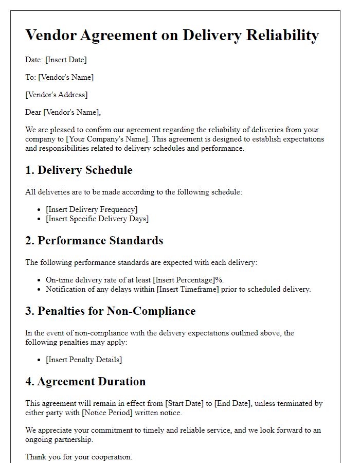 Letter template of vendor agreements regarding delivery reliability.