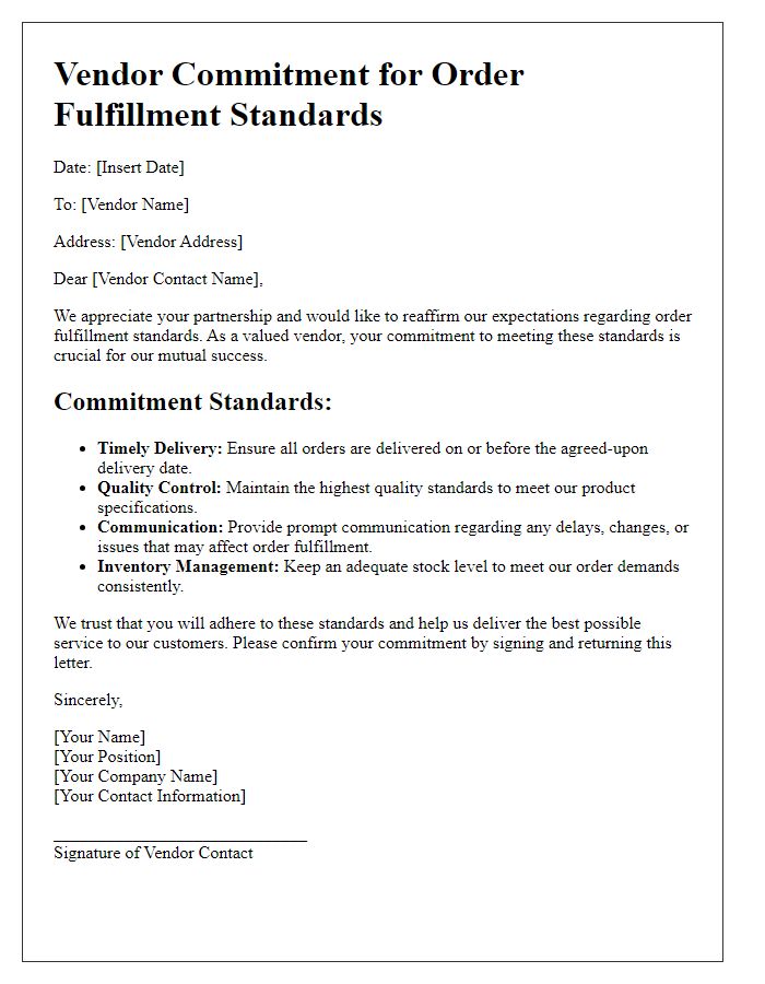 Letter template of vendor commitments for order fulfillment standards.