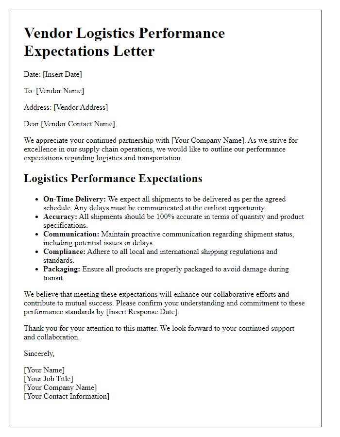 Letter template of vendor understanding on logistics performance expectations.