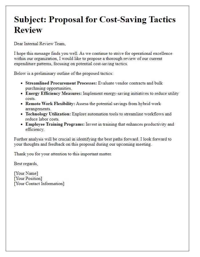 Letter template of analytic cost-saving tactics for internal review team