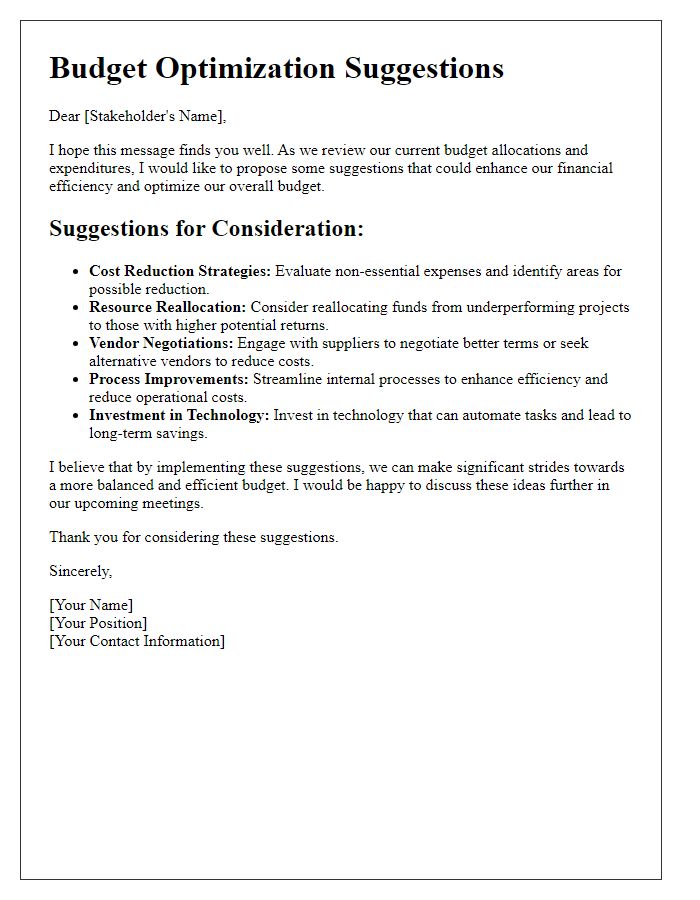 Letter template of budget optimization suggestions for stakeholders