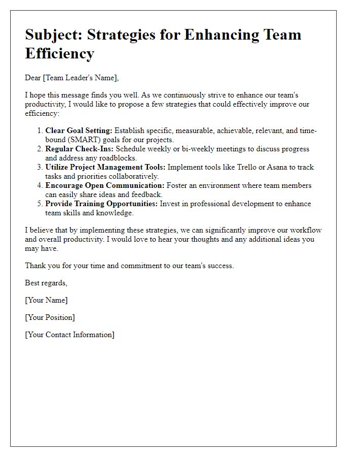 Letter template of efficiency improvement strategies for team leaders