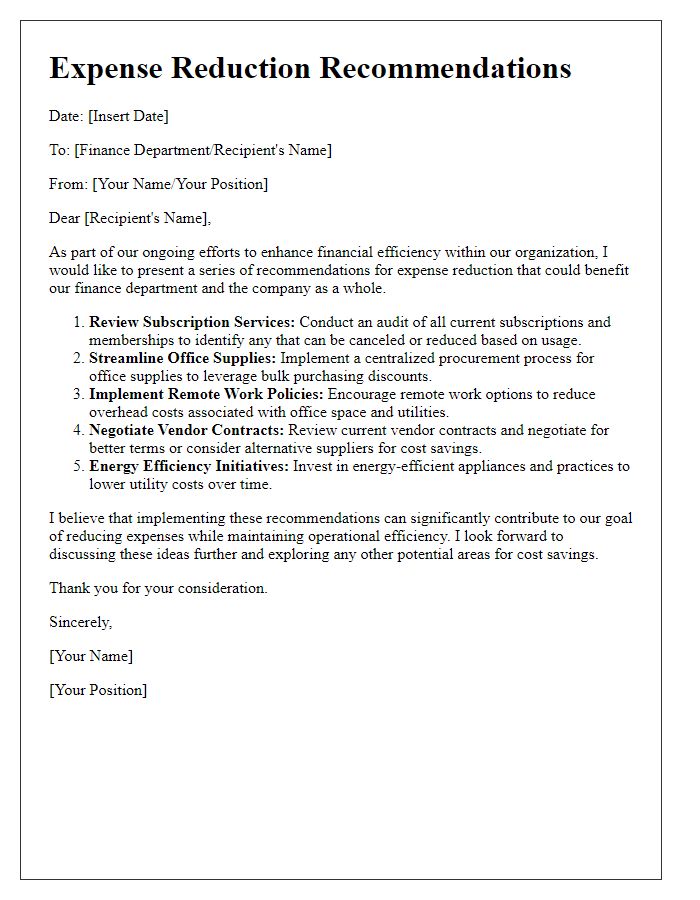 Letter template of expense reduction recommendations for the finance department