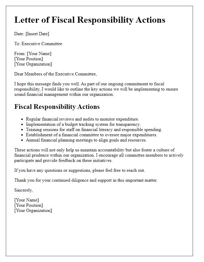 Letter template of fiscal responsibility actions for executive committee