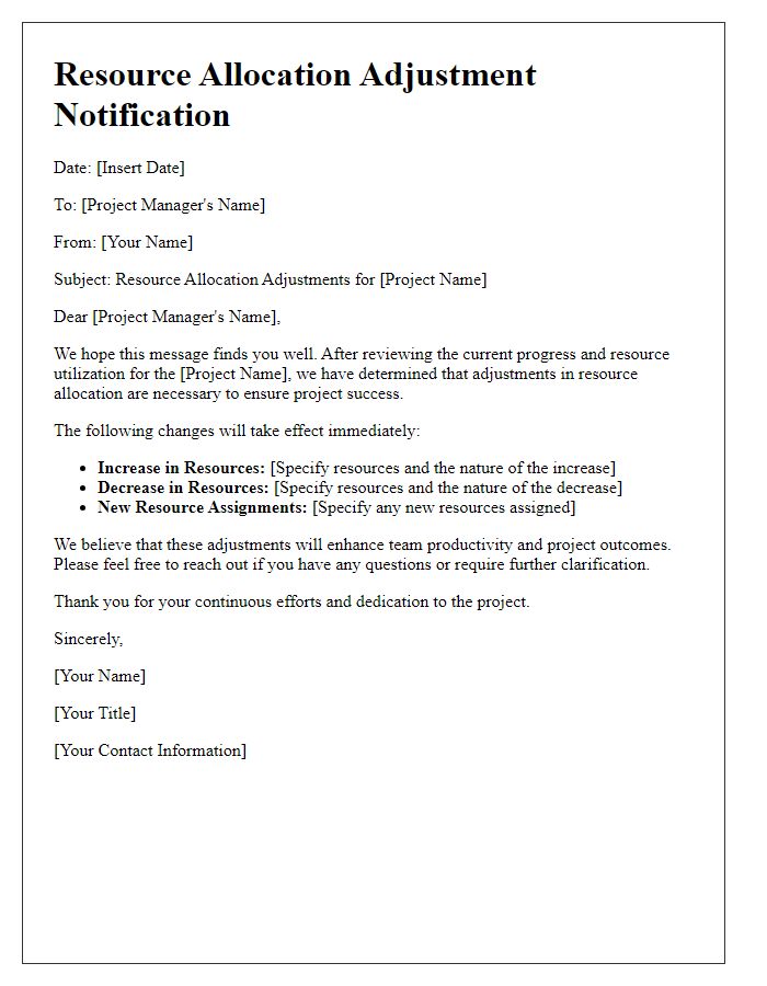 Letter template of resource allocation adjustments for project managers