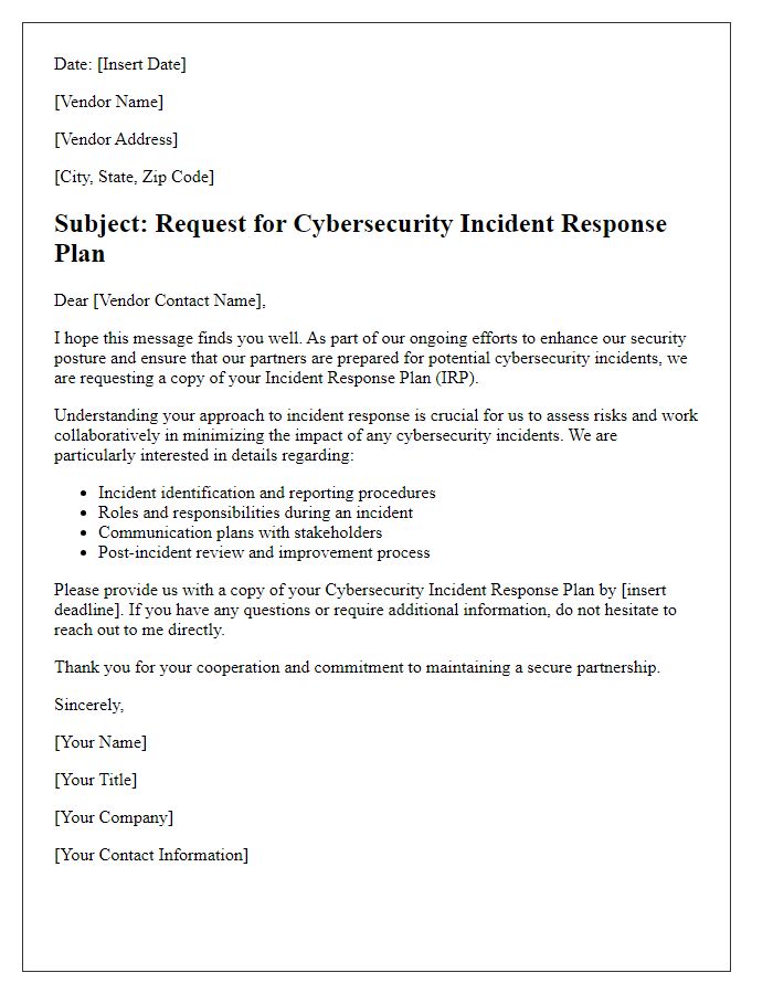 Letter template of vendor cybersecurity incident response plan request