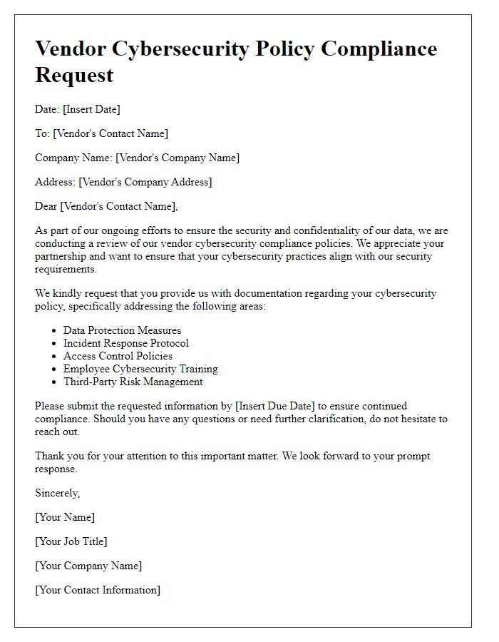 Letter template of vendor cybersecurity policy compliance request