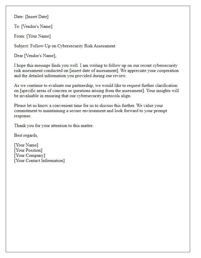 Letter template of vendor cybersecurity risk assessment follow-up