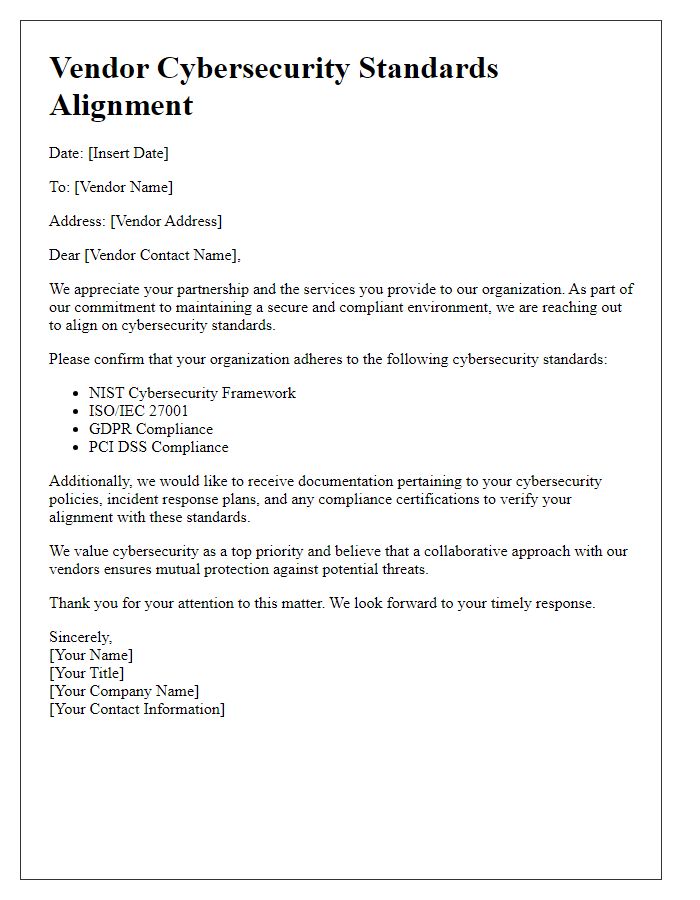 Letter template of vendor cybersecurity standards alignment