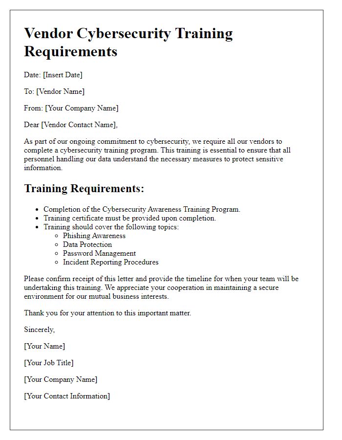 Letter template of vendor cybersecurity training requirements