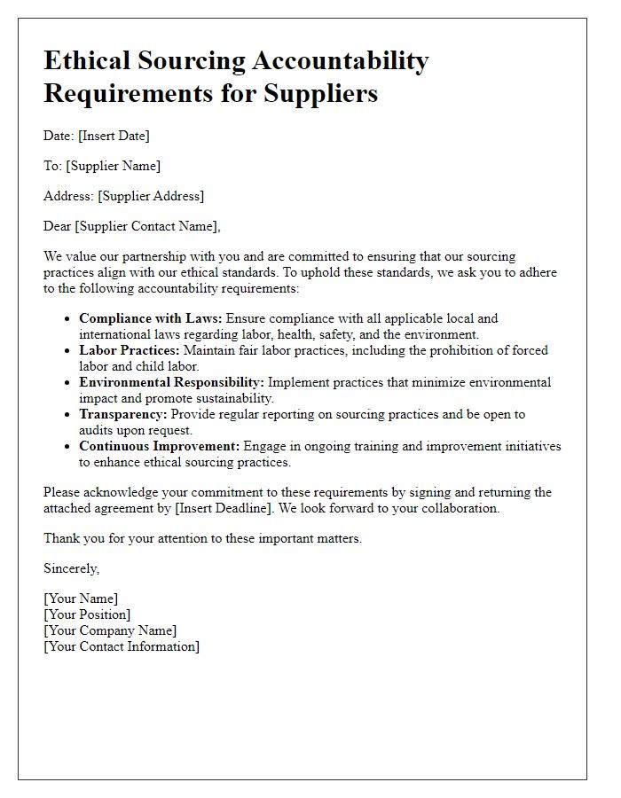 Letter template of ethical sourcing accountability requirements for suppliers